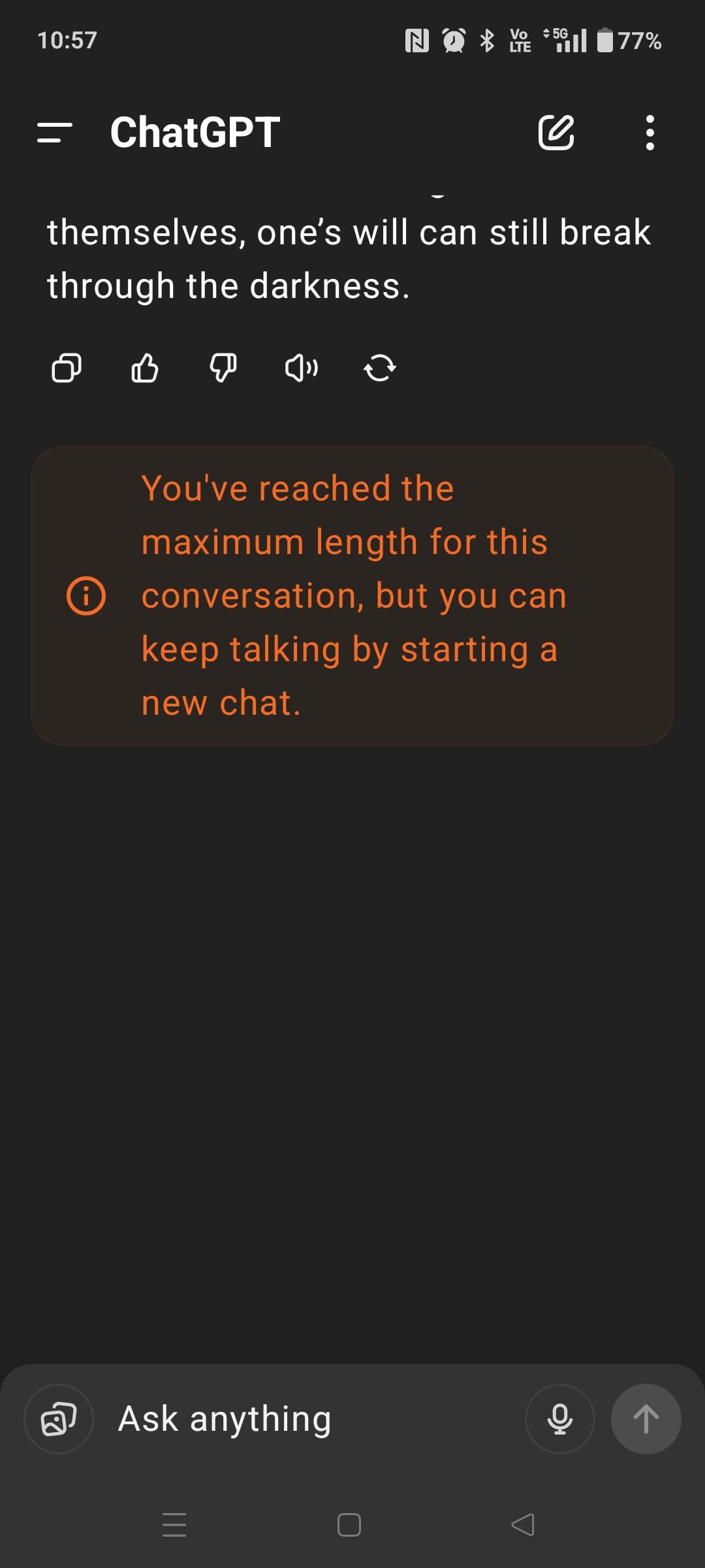Screenshot of a ChatGPT chat showing that the conversation limit has been reached