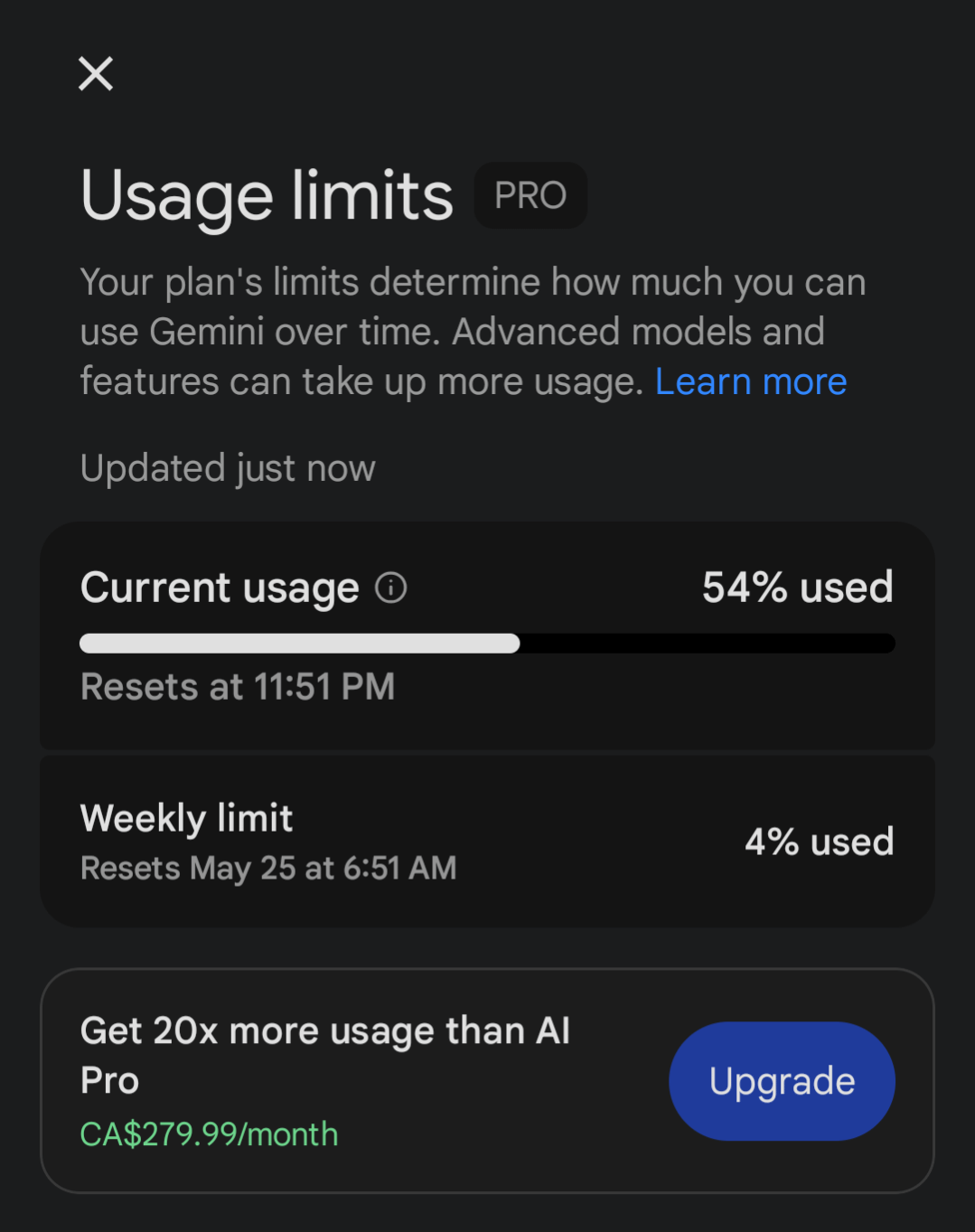 Screenshot of a Gemini chat showing a usage limit notice