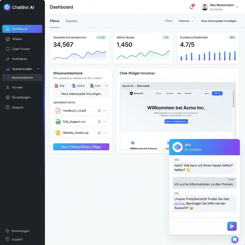 Dashboard des Webtrics Bots mit Wissensdatenbank, Chat-Fenster-Vorschau und Auswertungen