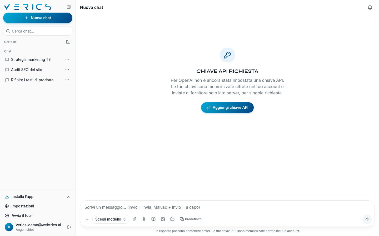 Dashboard del Webtrics AI Tool con selettore di modelli per GPT-4o, Claude e Gemini, cartelle e libreria di prompt