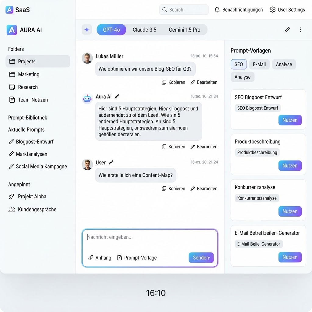 Dashboard des Webtrics KI Tools mit Modell-Umschalter für GPT-4o, Claude und Gemini, Ordnern und Prompt-Bibliothek