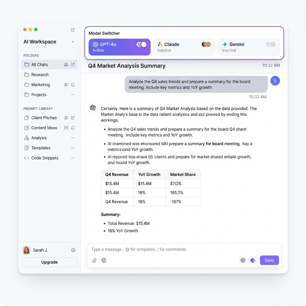 Webtrics Workspace mit Modell-Umschalter für GPT-4o, Claude und Gemini, Ordnern und Prompt-Bibliothek